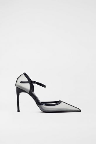 Beige Perforated Pumps with Black Patent Straps