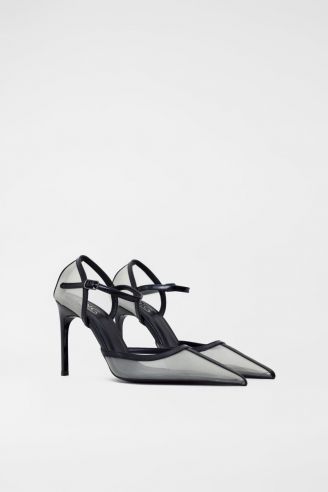 Beige Perforated Pumps with Black Patent Straps
