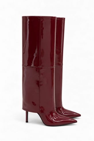 Cherry red μυτερή μπότα με λεπτό τακούνι και ραφές