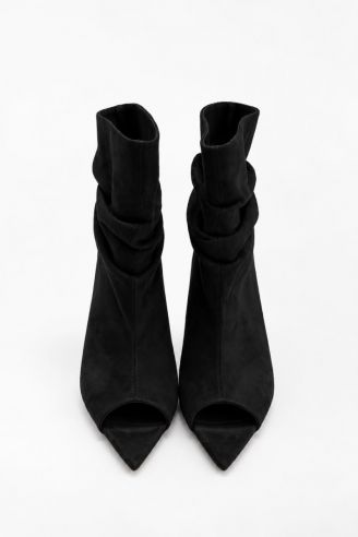 Μαύρο μποτάκι σουέτ με σούρες peep-toe και πλατφόρμα τακούνι 