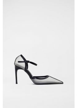 Beige Perforated Pumps with Black Patent Straps