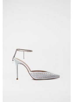 Λευκή γόβα με strass και λουράκι αλυσιδάκι με strass