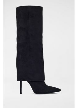 Black Suede Pointed-toe Boot with a Slim Heel and Stitching