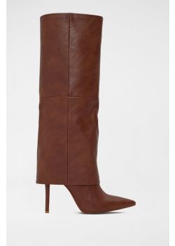 Brown Pointed-toe Boot with a Slim Heel and Stitching