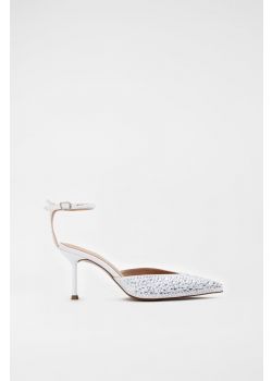 Γόβα λευκή με strass και χαμηλό τακούνι Pre-Order
