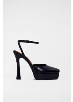 Μαύρο πέδιλο peep-toe με χοντρό τακούνι και φιάπα
